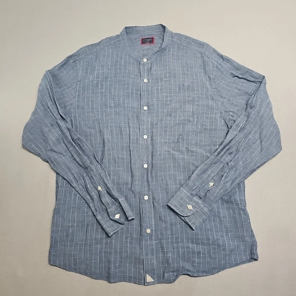 UNTUCKIT Shirt Men XL 100% Linen Ramey Mandarin Collar Grid Check Button Up Blue - Picture 1 of 7